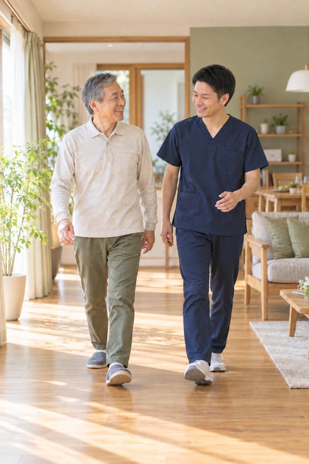 明るいご自宅で、お客様と担当者が笑顔で並んで歩くイメージ