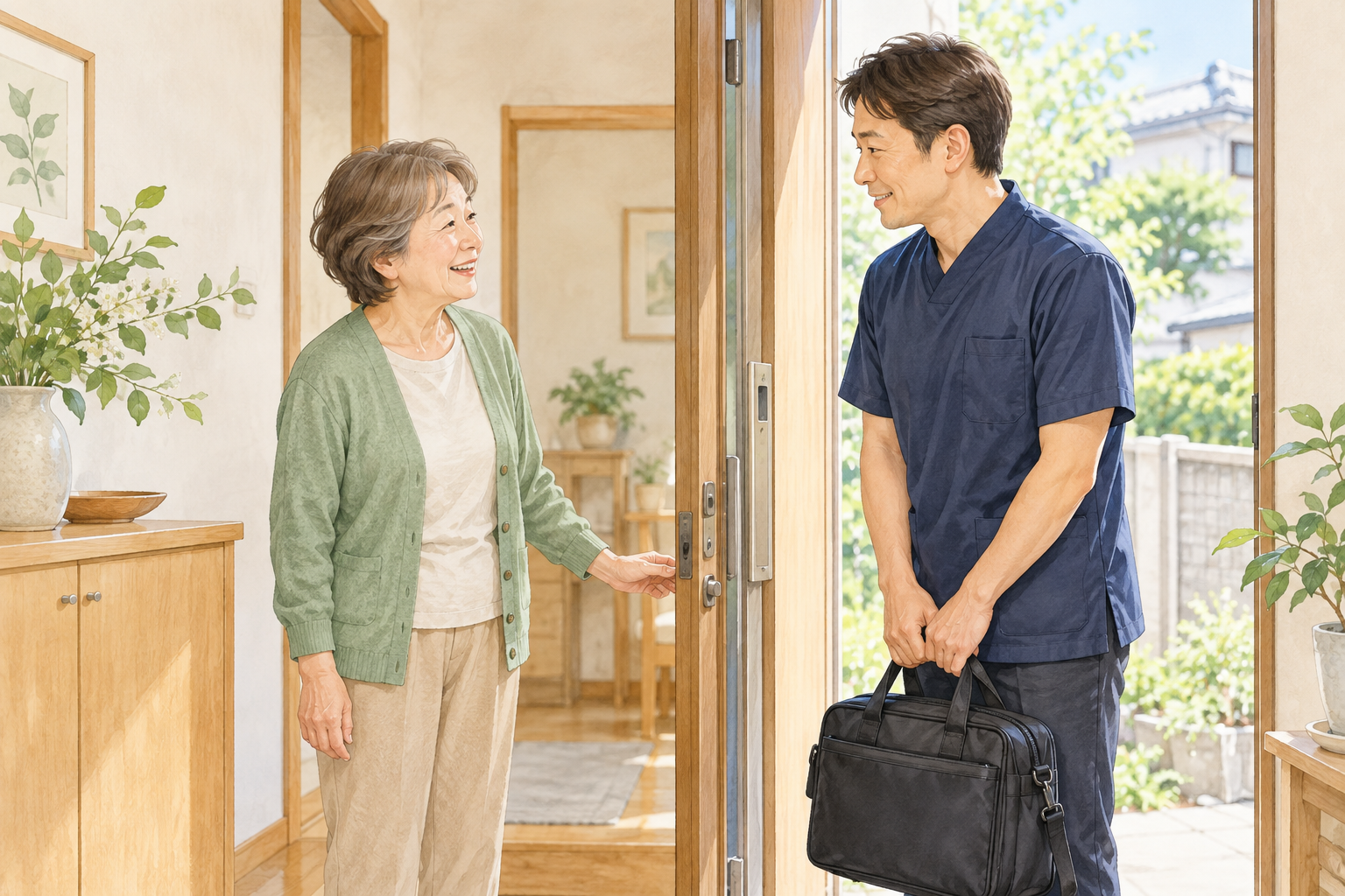 担当者がかばんを持って自宅を訪問する場面