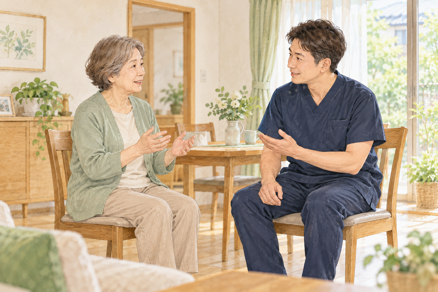 椅子に座って話をする場面