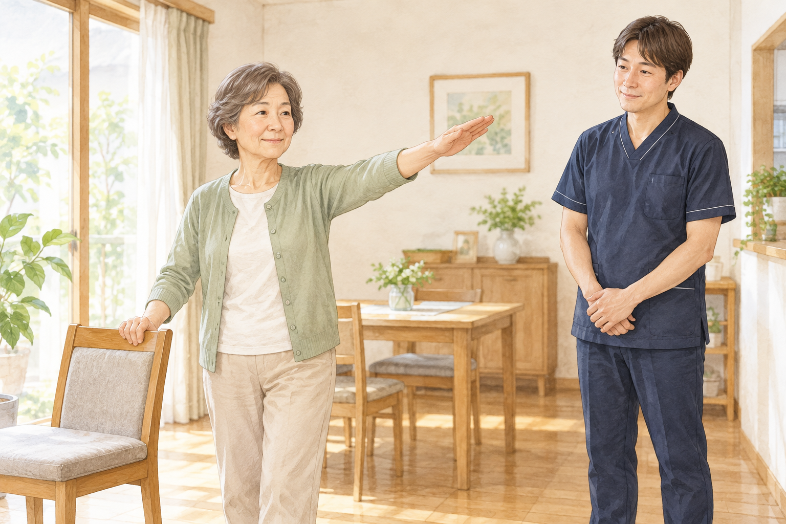 椅子に手を添えて腕を上げ、動きを確認する場面