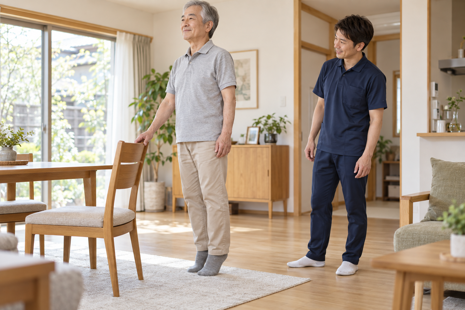 椅子に手を添えてかかとを上げ、担当者が見守る実写調イメージ